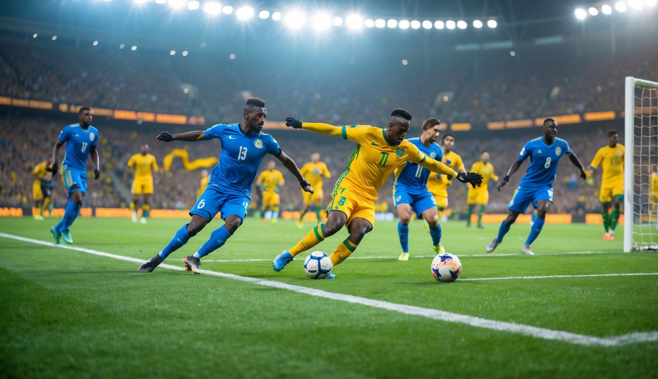 Pertandingan sepak bola dengan pemain yang sedang bersiap menendang bola ke gawang di lapangan hijau dengan penonton di latar belakang.