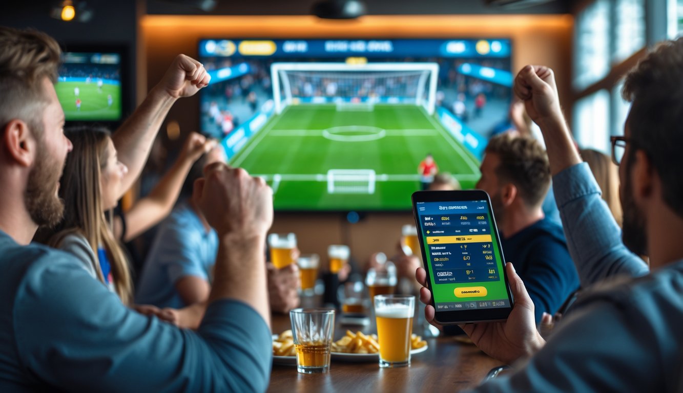 Sekelompok penggemar olahraga menonton pertandingan sepak bola di bar sambil menggunakan perangkat untuk memasang taruhan pemain yang mencetak gol pertama.