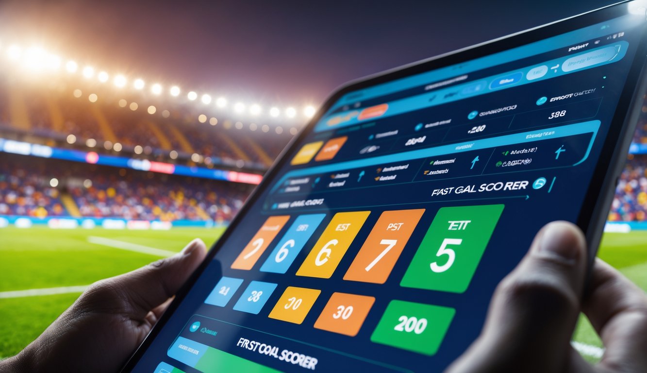 Sebuah tablet menampilkan antarmuka taruhan olahraga dengan peluang pencetak gol pertama dalam pertandingan sepak bola, dengan latar belakang stadion sepak bola yang ramai dan terang.