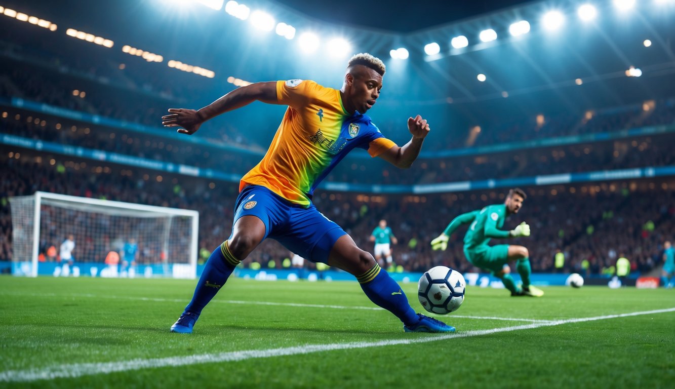 Seorang pemain sepak bola sedang menendang bola menuju gawang dalam pertandingan yang penuh semangat.