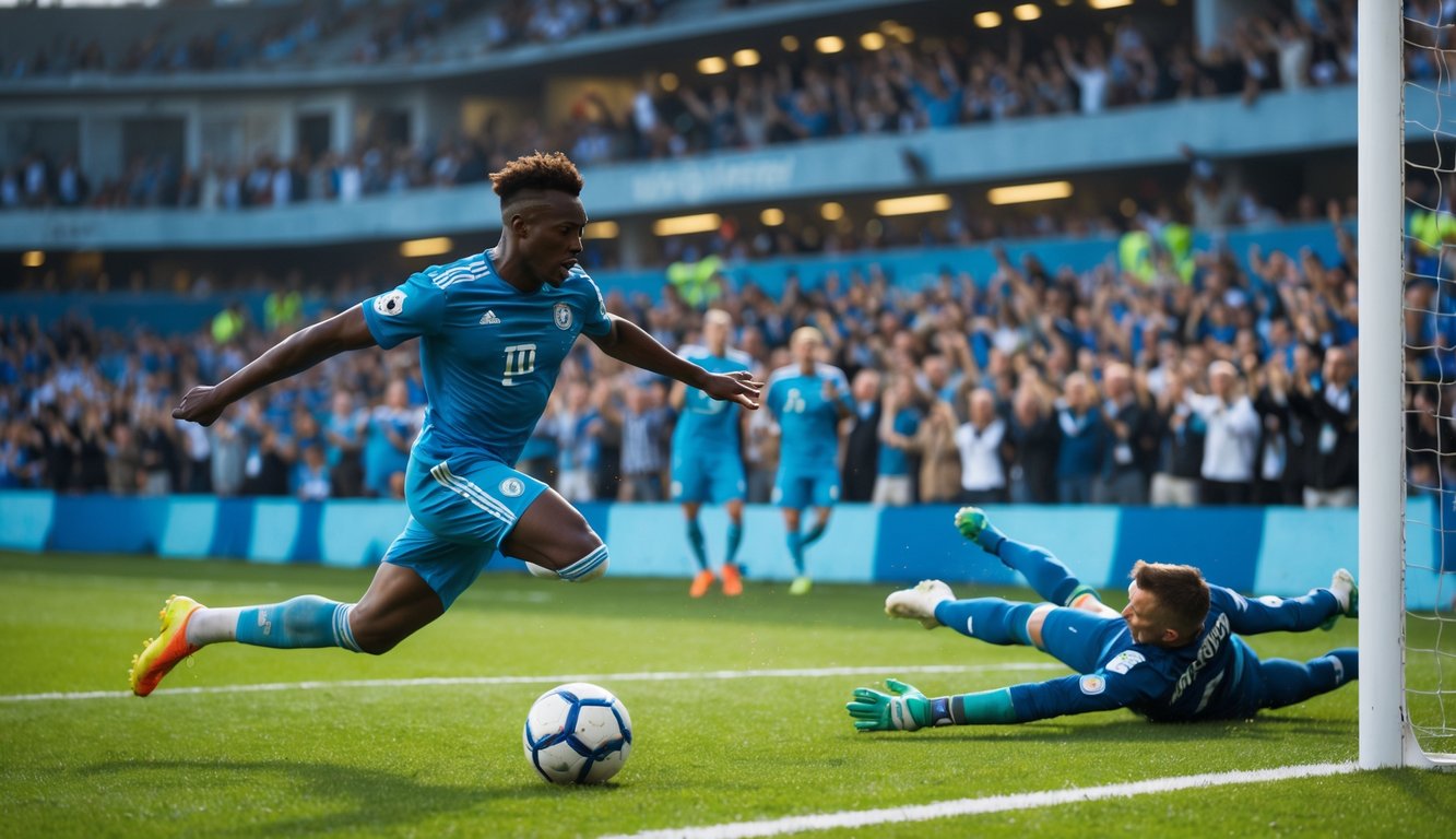 Seorang pemain sepak bola sedang menendang bola menuju gawang dengan latar belakang penonton di stadion.