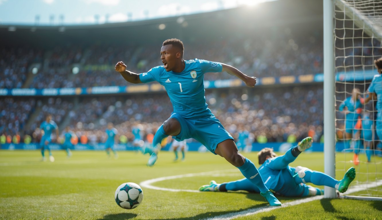 Seorang pemain sepak bola sedang menendang bola menuju gawang dalam pertandingan yang penuh semangat dengan penonton di latar belakang.