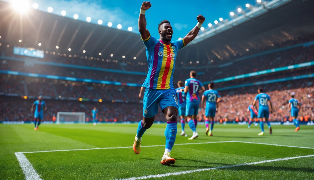 Seorang pemain sepak bola pria merayakan gol di stadion penuh penonton.