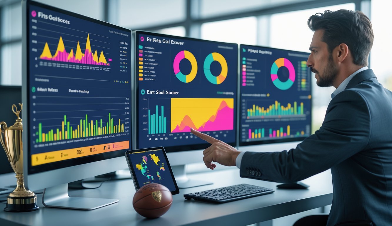 Seorang analis olahraga sedang melihat data statistik pencetak gol pertama di sebuah kantor modern dengan beberapa layar komputer yang menampilkan grafik dan peta panas.