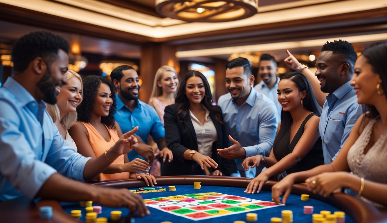 Sekelompok orang bermain bingo di kasino dengan seorang dealer yang ramah di meja bingo.