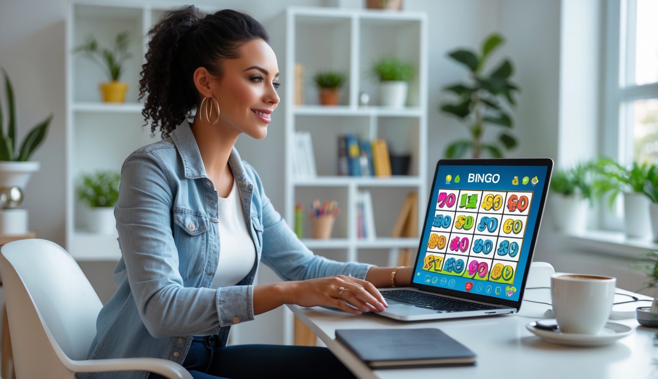 Seorang wanita muda duduk di meja dengan laptop yang menampilkan permainan bingo online, di ruang kerja yang terang dan rapi.