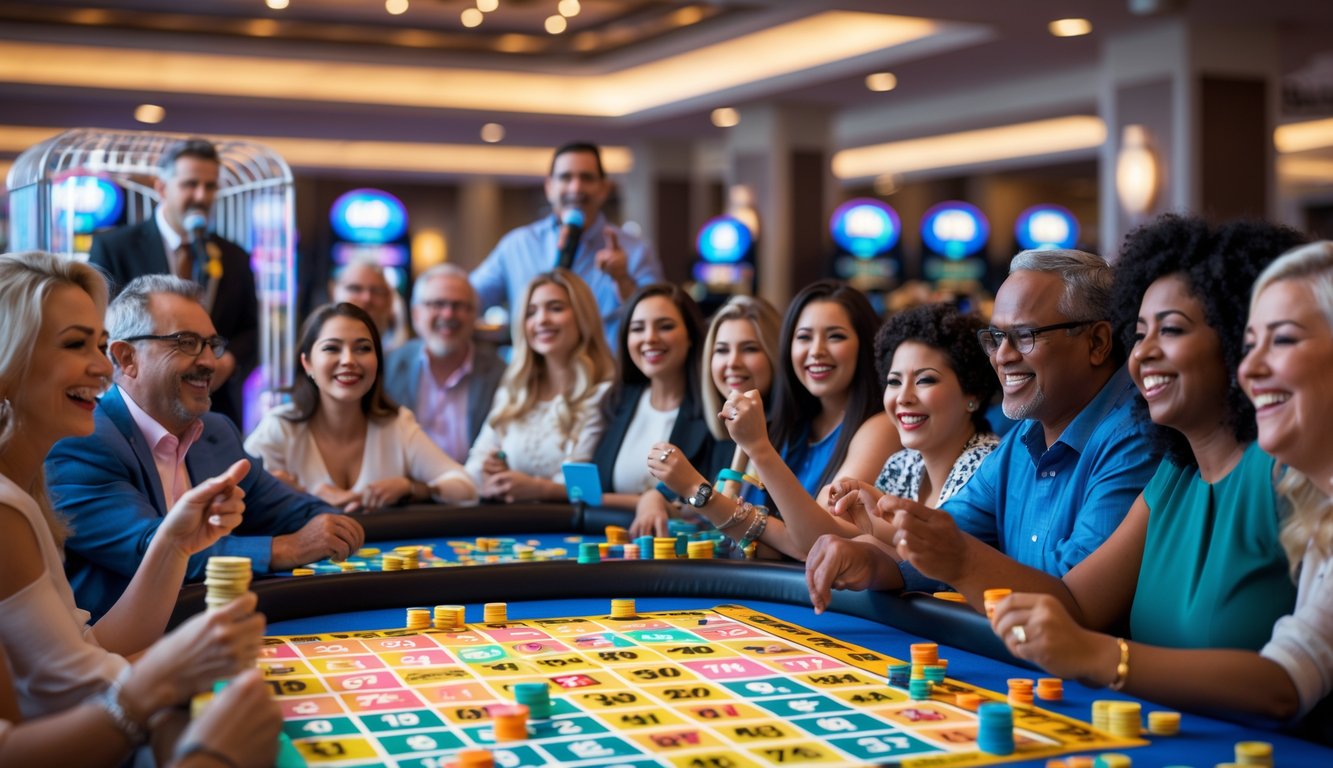 Sekelompok orang bermain bingo secara langsung di kasino dengan suasana yang ceria dan penuh semangat.
