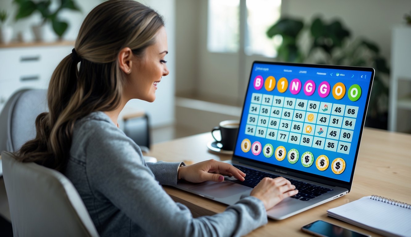 Seseorang duduk di depan laptop memainkan permainan bingo online dengan uang asli di ruang kerja yang nyaman.