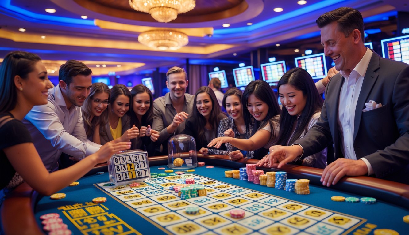 Sekelompok orang bermain bingo di kasino dengan dealer yang mengawasi permainan dan bola bingo dalam kandang putar transparan.