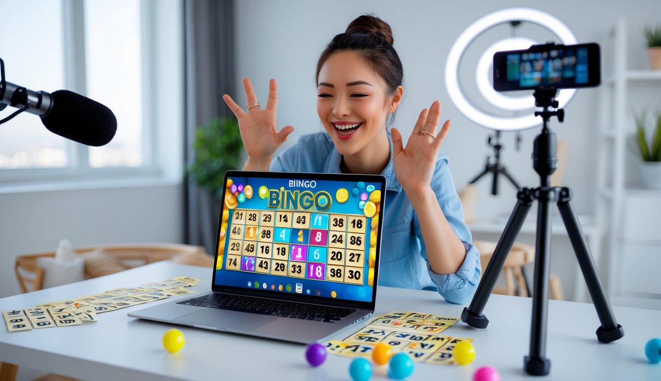 Seorang pria duduk di depan laptop dengan kartu bingo dan bola bernomor, sedang melakukan siaran langsung permainan bingo online.