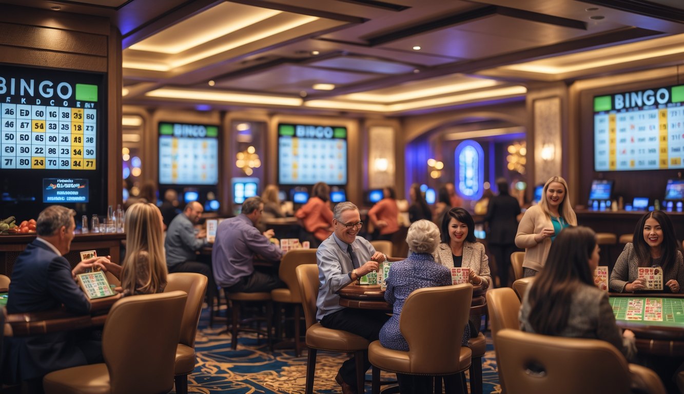 Orang-orang bermain bingo di dalam ruangan kasino yang ramai dan elegan.