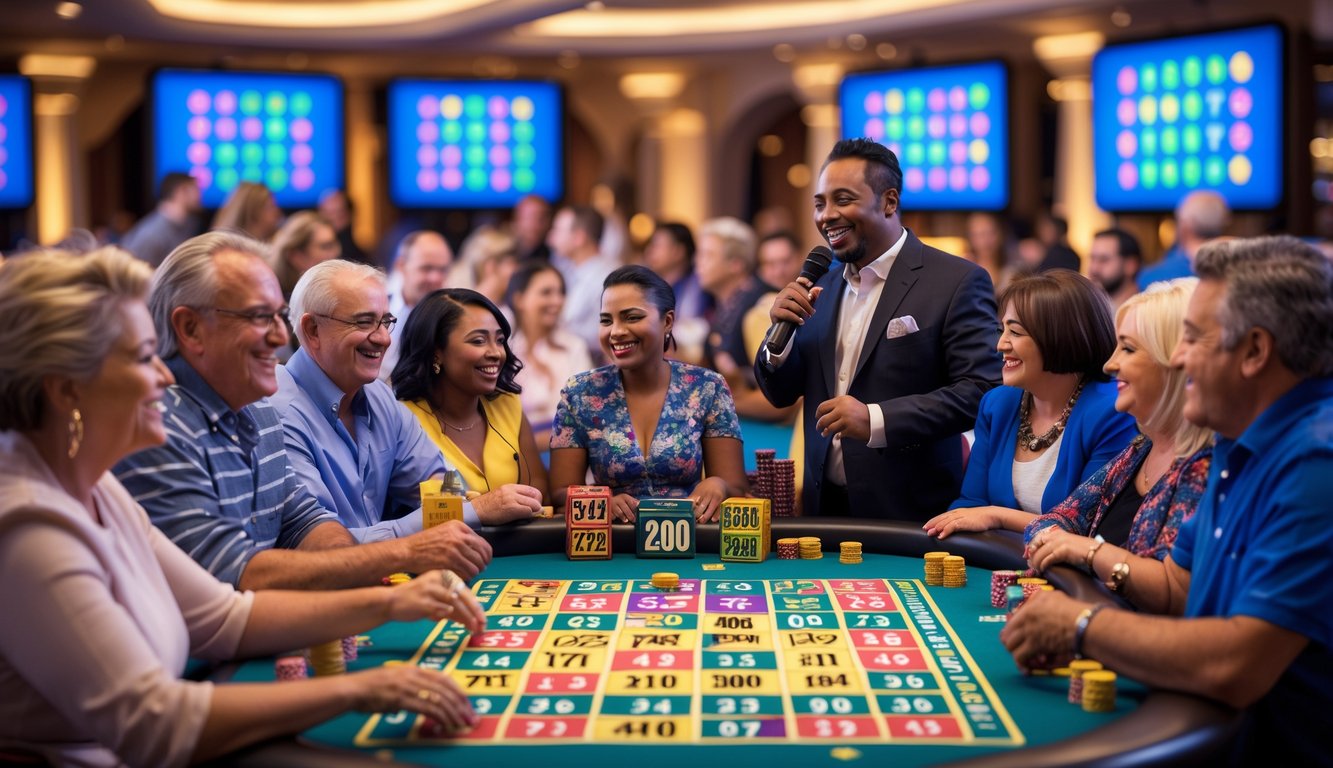 Sekelompok orang bermain bingo di kasino dengan seorang pemandu bingo yang sedang memanggil angka.