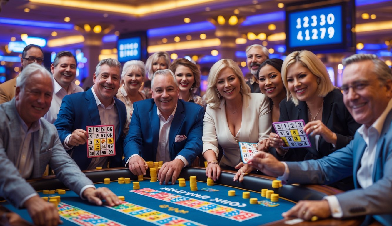 Sekelompok orang bermain bingo di meja kasino dengan suasana ceria dan pencahayaan terang.