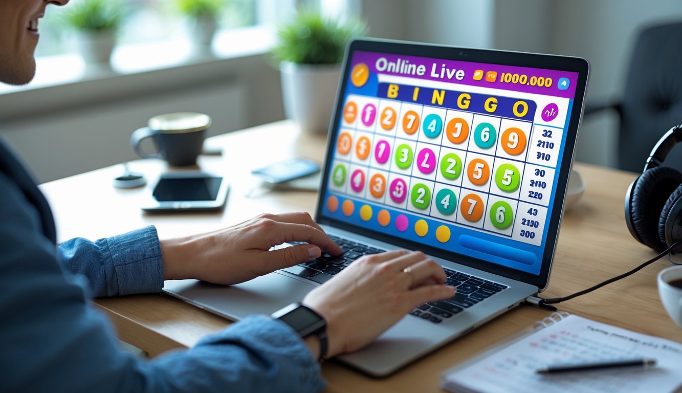 Seseorang sedang bermain bingo online secara langsung menggunakan laptop di meja kerja di rumah.
