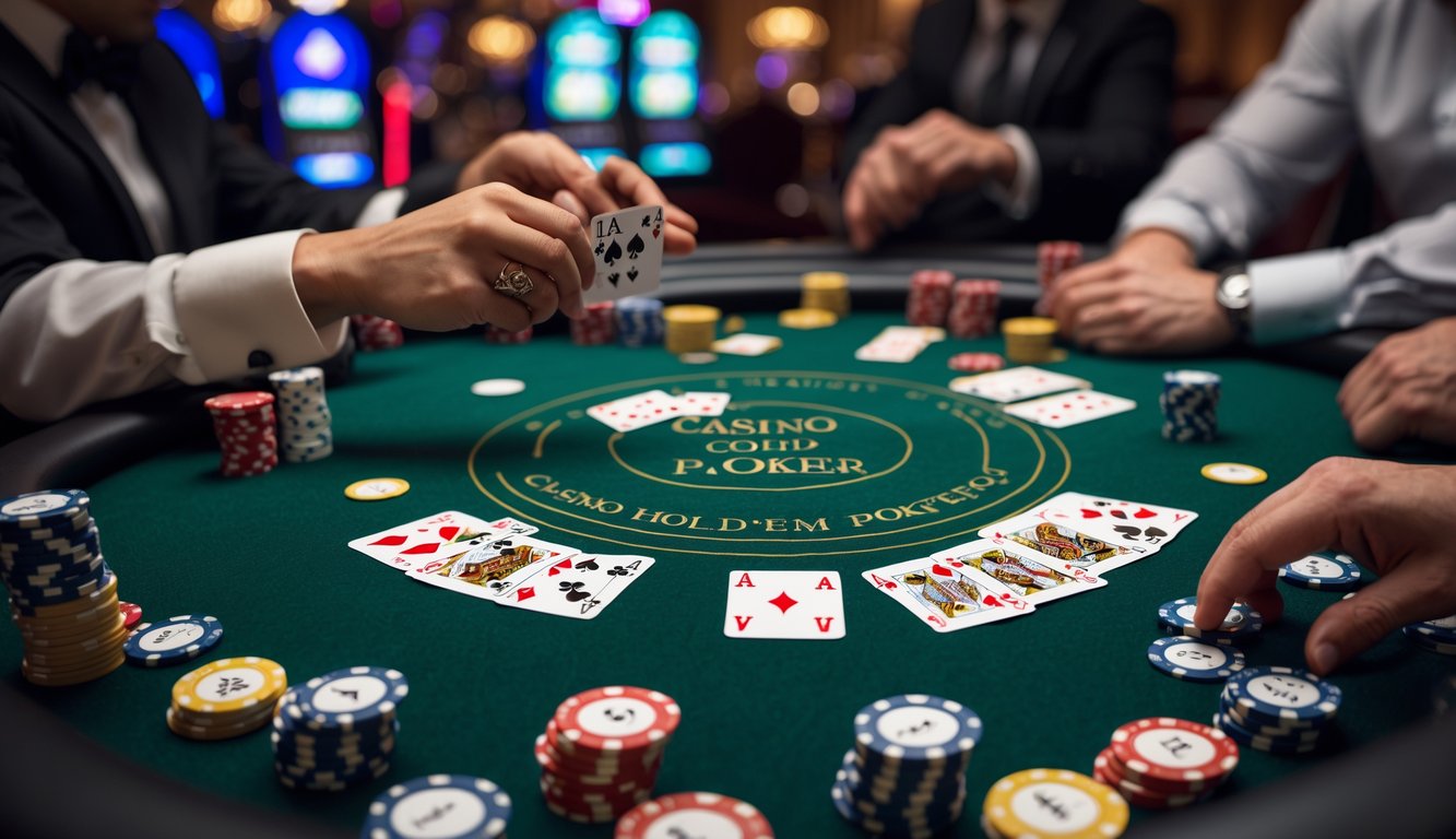 Meja poker Casino Hold'em dengan kartu dan chip poker, dealer dan pemain yang sedang bermain di kasino.