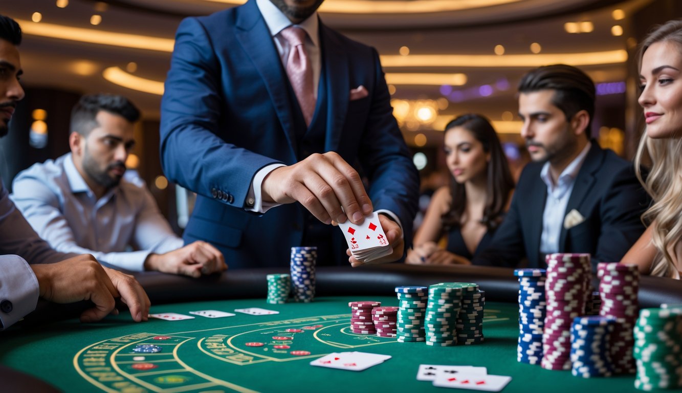 Meja kasino dengan dealer dan pemain yang sedang bermain Casino Hold’em, menampilkan kartu dan chip poker di atas meja hijau.