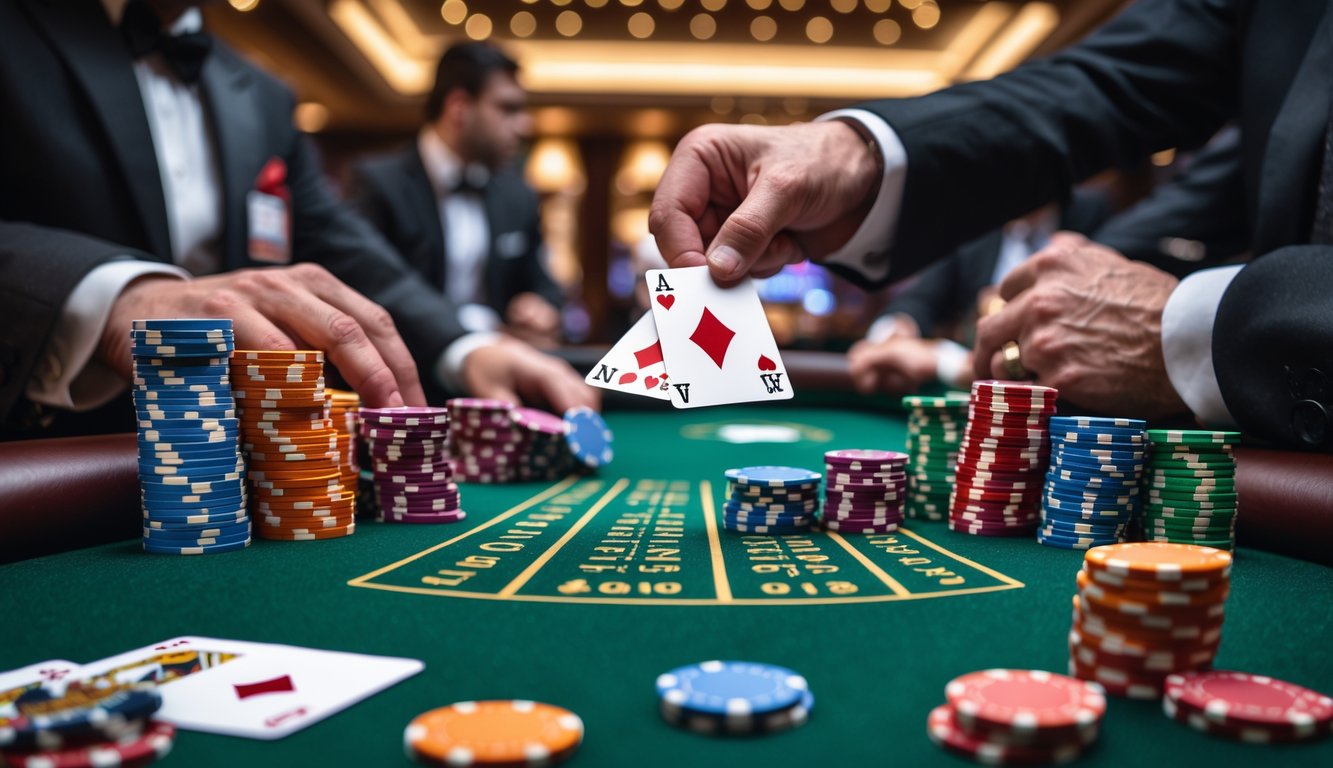 Meja kasino dengan permainan Casino Hold’em sedang berlangsung, menampilkan kartu dan tumpukan chip taruhan.