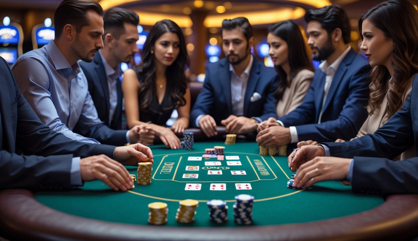 Meja kasino dengan pemain yang sedang bermain Casino Hold’em, kartu dan chip terlihat di atas meja.