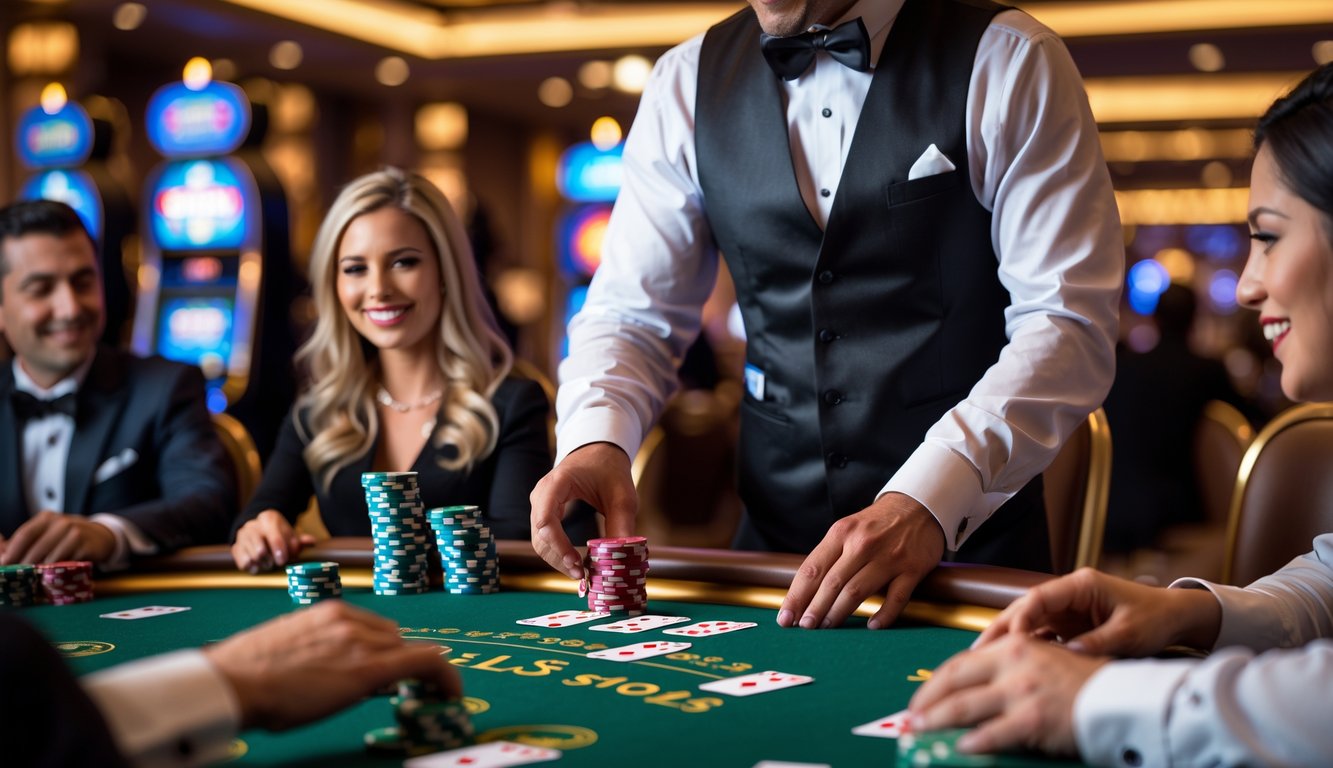 Meja Casino Hold’em dengan dealer dan pemain yang sedang bermain di kasino mewah.