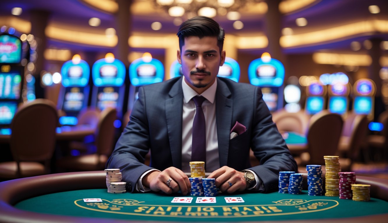 Seorang pemain judi Casino Hold’em duduk di meja poker dengan kartu dan chip di depan, di dalam suasana kasino yang mewah.