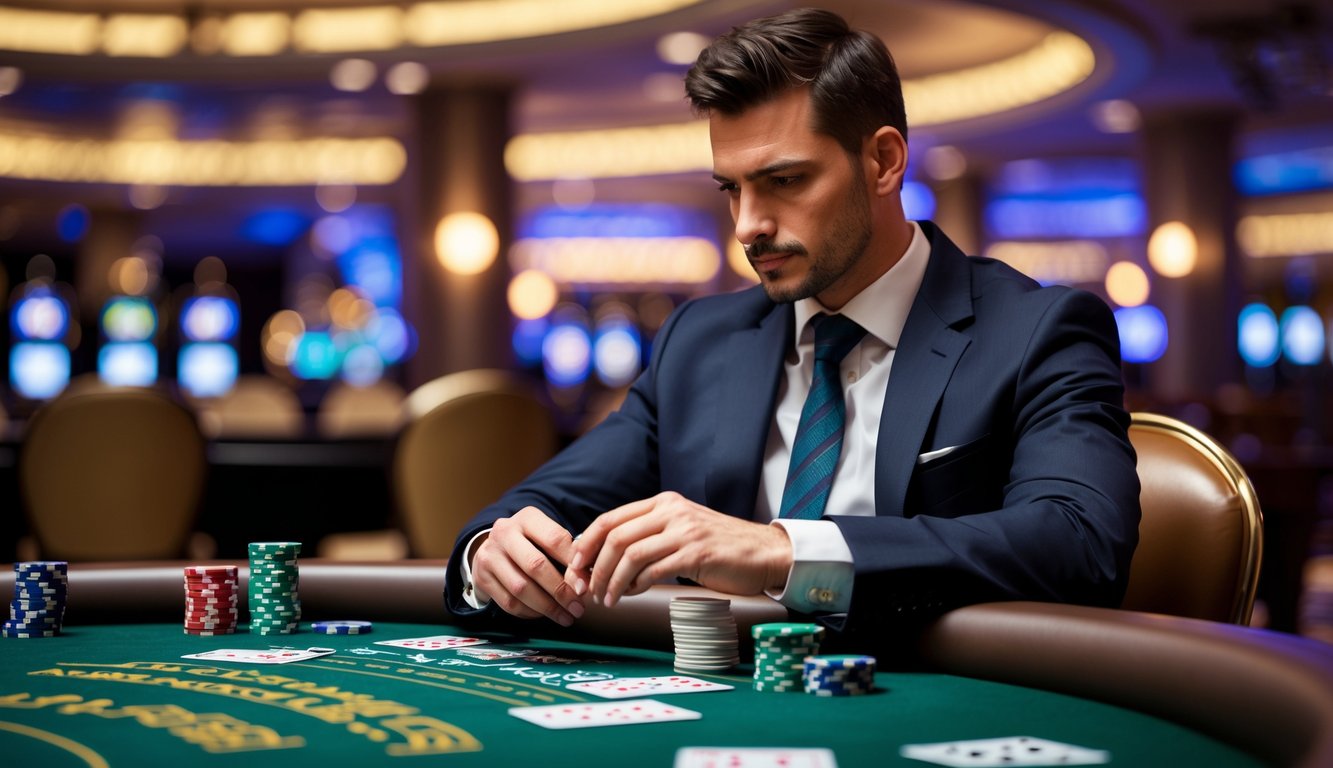 Seorang pria duduk di meja poker Casino Hold’em dengan kartu dan chip poker di depan, di dalam ruangan kasino yang elegan.