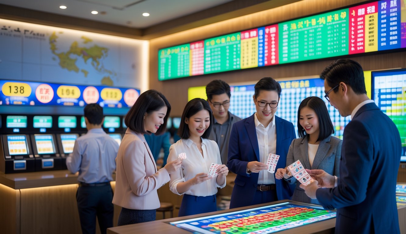 Orang-orang di dalam ruangan modern sedang memeriksa tiket lotre dengan layar digital dan mesin lotre di latar belakang.