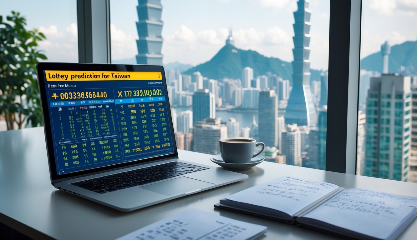 Meja kerja modern dengan laptop menampilkan data angka, catatan tangan, dan pemandangan kota Taipei di latar belakang.