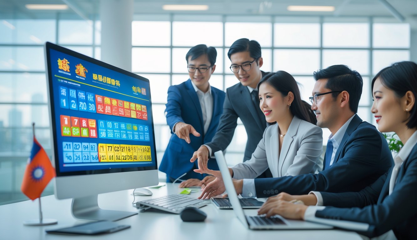 Orang-orang di kantor modern sedang menganalisis data lotere dengan layar komputer yang menampilkan angka dan grafik, dengan dekorasi yang menunjukkan unsur Taiwan.