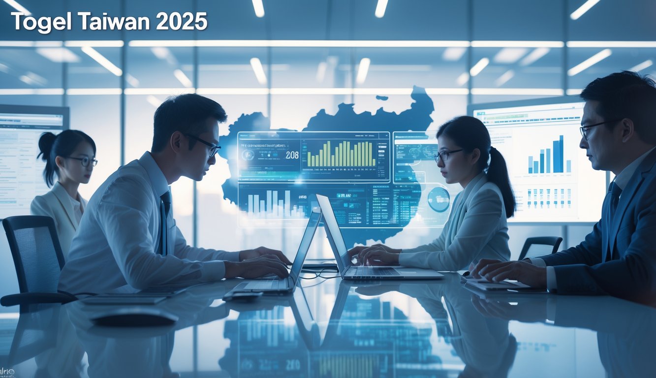 Sekelompok profesional sedang bekerja dengan layar digital di kantor modern yang menampilkan pemandangan kota Taiwan di latar belakang.