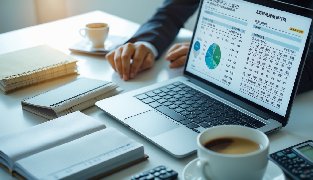 Sebuah meja kerja modern dengan laptop yang menampilkan data angka dan grafik, serta alat tulis dan kopi, menunjukkan suasana analisis angka togel Taiwan.