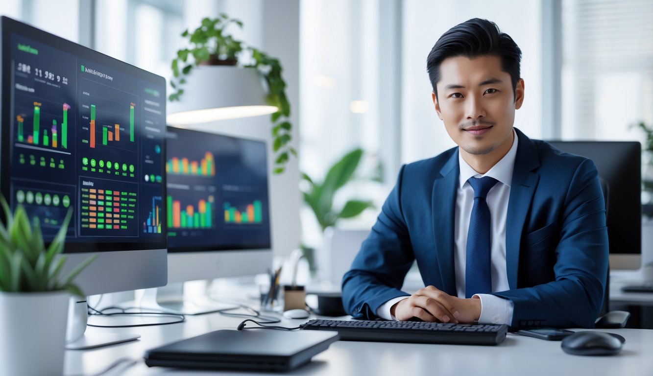 Seorang profesional bisnis Asia duduk di meja dengan beberapa layar komputer yang menampilkan grafik dan data, di ruang kantor yang terang dan rapi.
