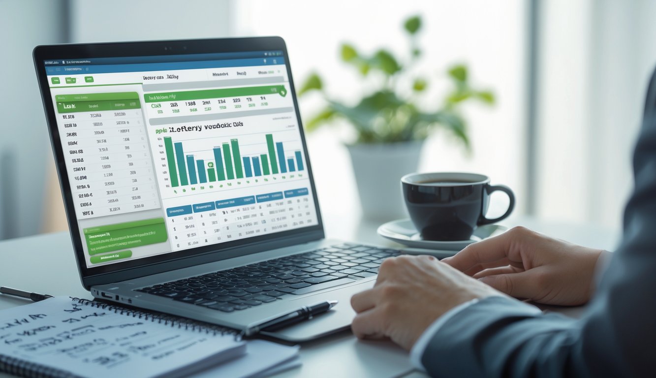 Meja kerja dengan laptop yang menampilkan grafik dan angka, buku catatan dengan tulisan tangan, pena, dan secangkir kopi.