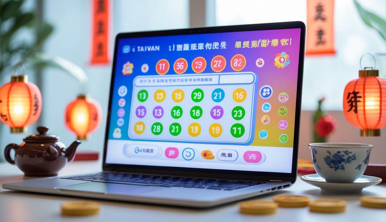 Meja kerja modern dengan laptop yang menampilkan antarmuka lotere online dan elemen budaya Taiwan di sekitarnya.