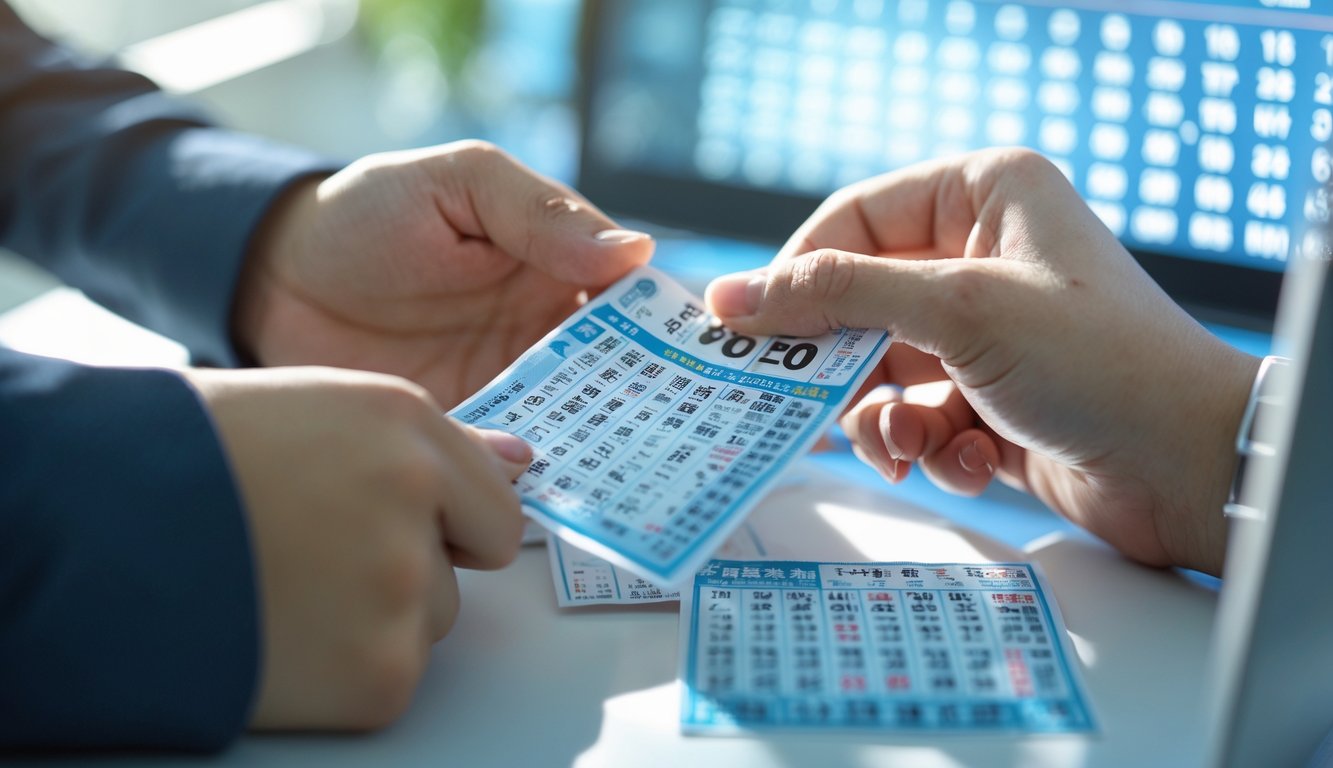 Tangan seseorang memegang tiket lotere dengan layar digital menampilkan angka-angka di latar belakang.