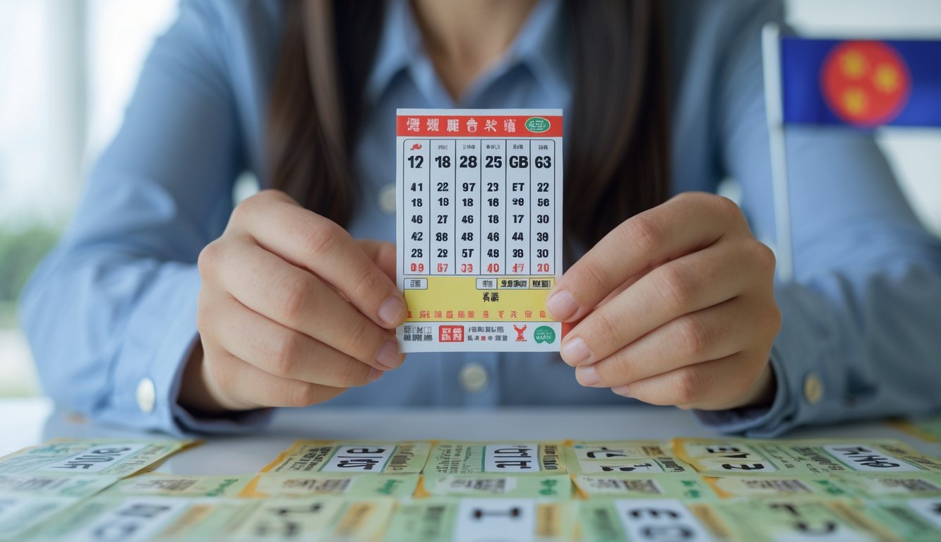 Tangan seseorang memegang tiket lotere dengan latar belakang yang bersih dan elemen budaya Taiwan.