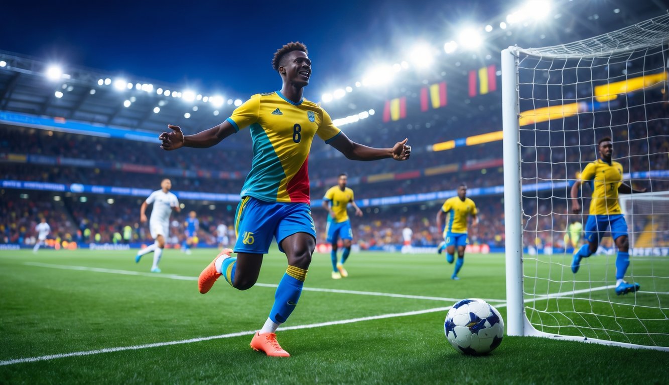 Seorang pemain sepak bola mencetak gol pertama di lapangan dengan penonton bersorak di stadion.