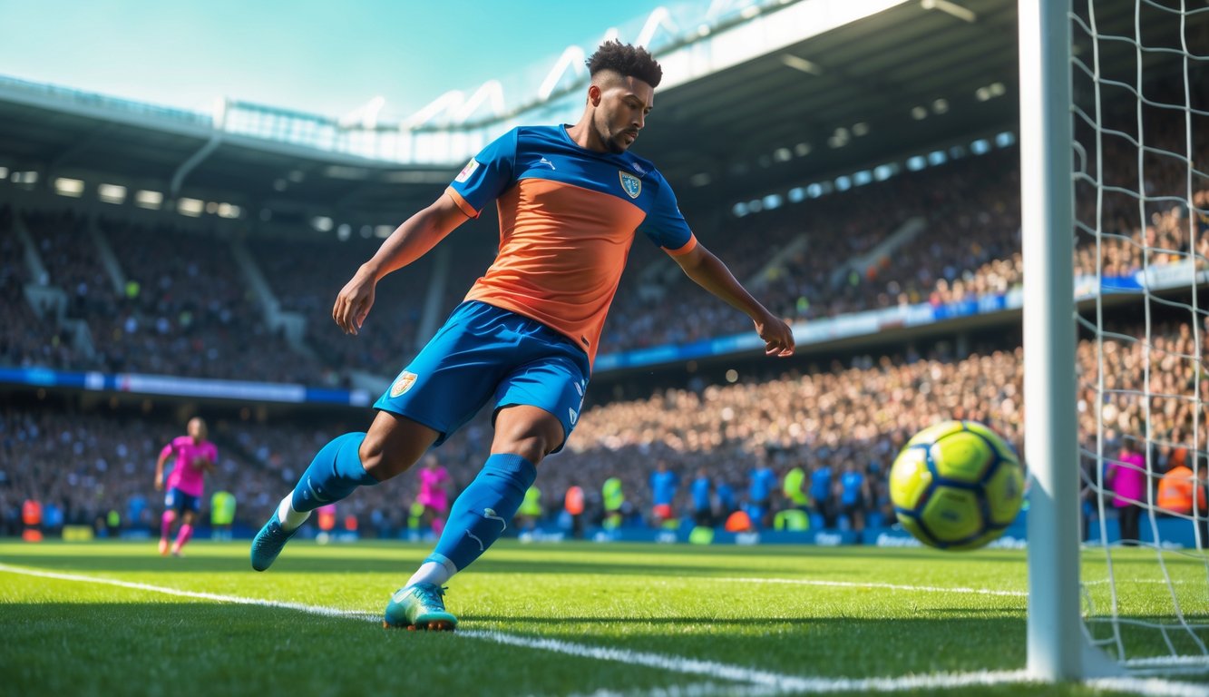 Seorang pemain sepak bola sedang bersiap menendang bola menuju gawang di lapangan dengan penonton di latar belakang.