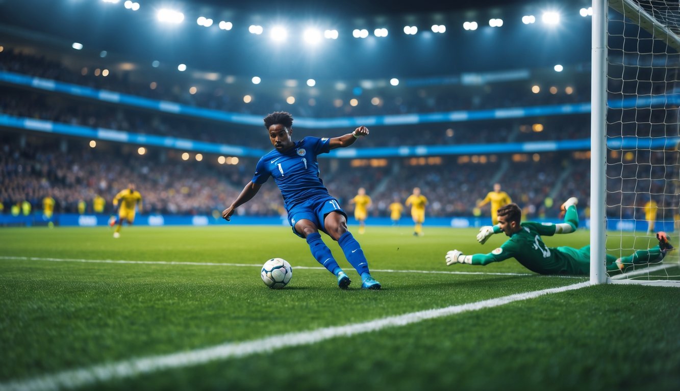 Seorang pemain sepak bola sedang menendang bola menuju gawang dengan kiper yang mencoba menyelamatkan, di stadion penuh penonton.