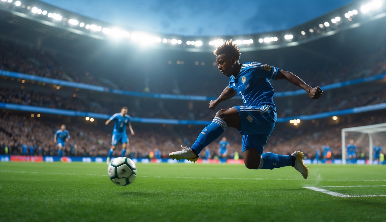 Seorang pemain sepak bola sedang menendang bola menuju gawang di stadion yang penuh penonton.