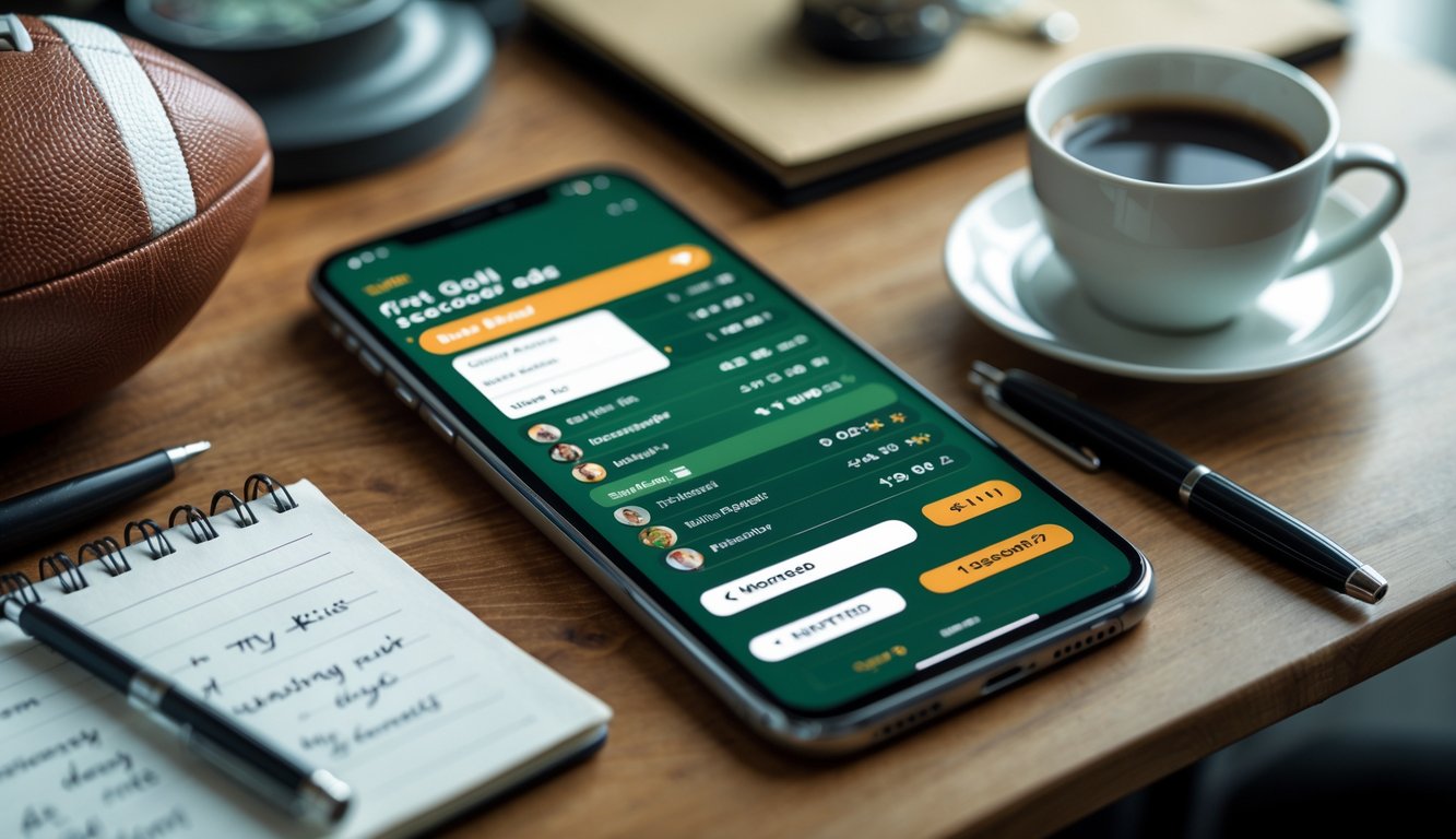 Seorang pria sedang melihat layar ponsel yang menampilkan aplikasi taruhan sepak bola dengan fokus pada peluang pencetak gol pertama.