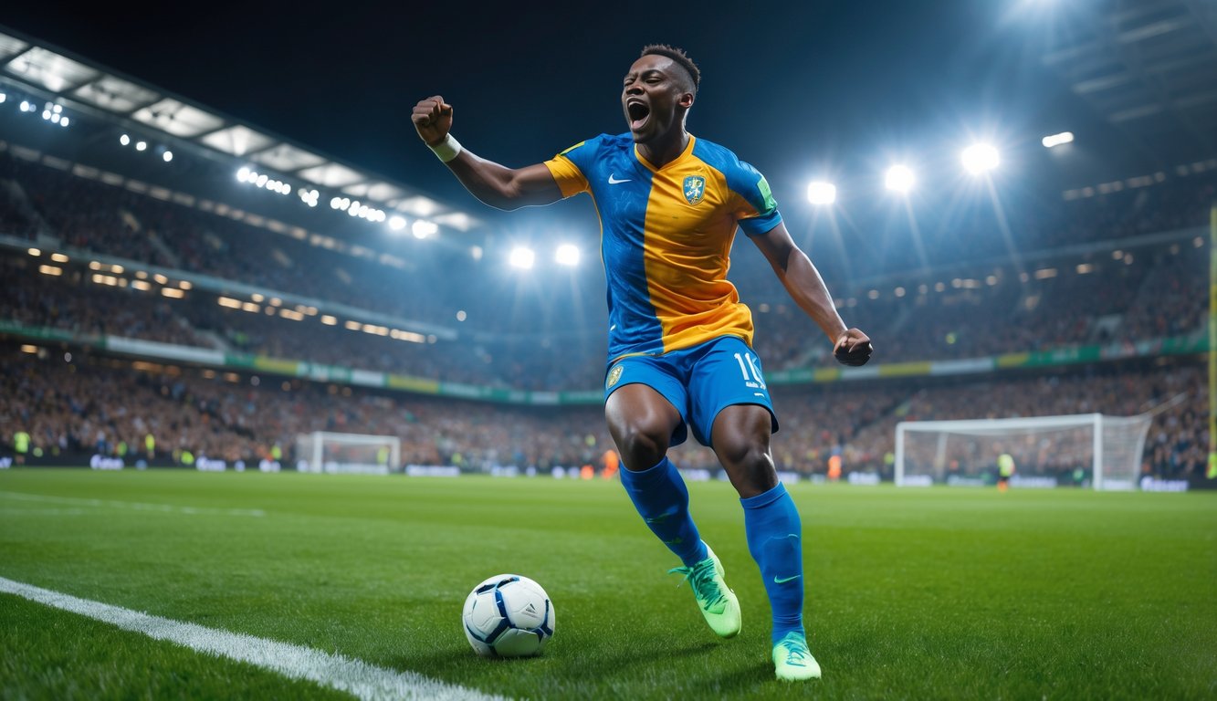 Seorang pemain sepak bola merayakan gol pertama di lapangan dengan latar belakang penonton yang bersorak.