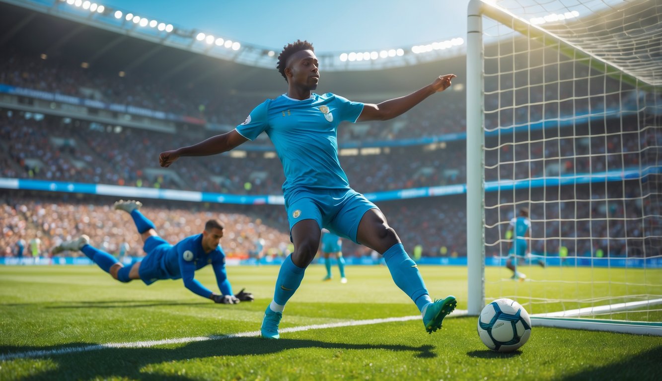 Seorang pemain sepak bola sedang menendang bola menuju gawang di stadion dengan penonton di latar belakang.