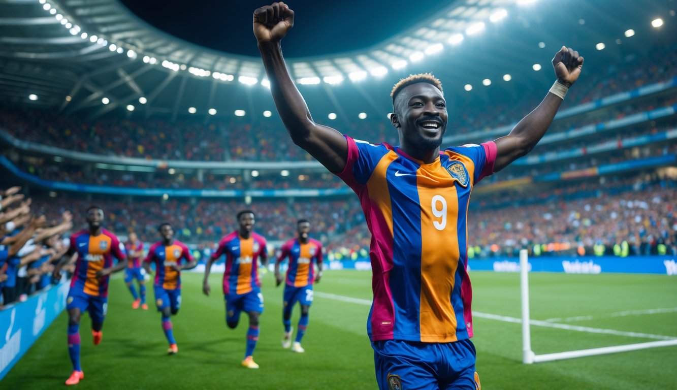 Seorang pemain sepak bola merayakan gol pertama di stadion yang ramai dengan penonton.