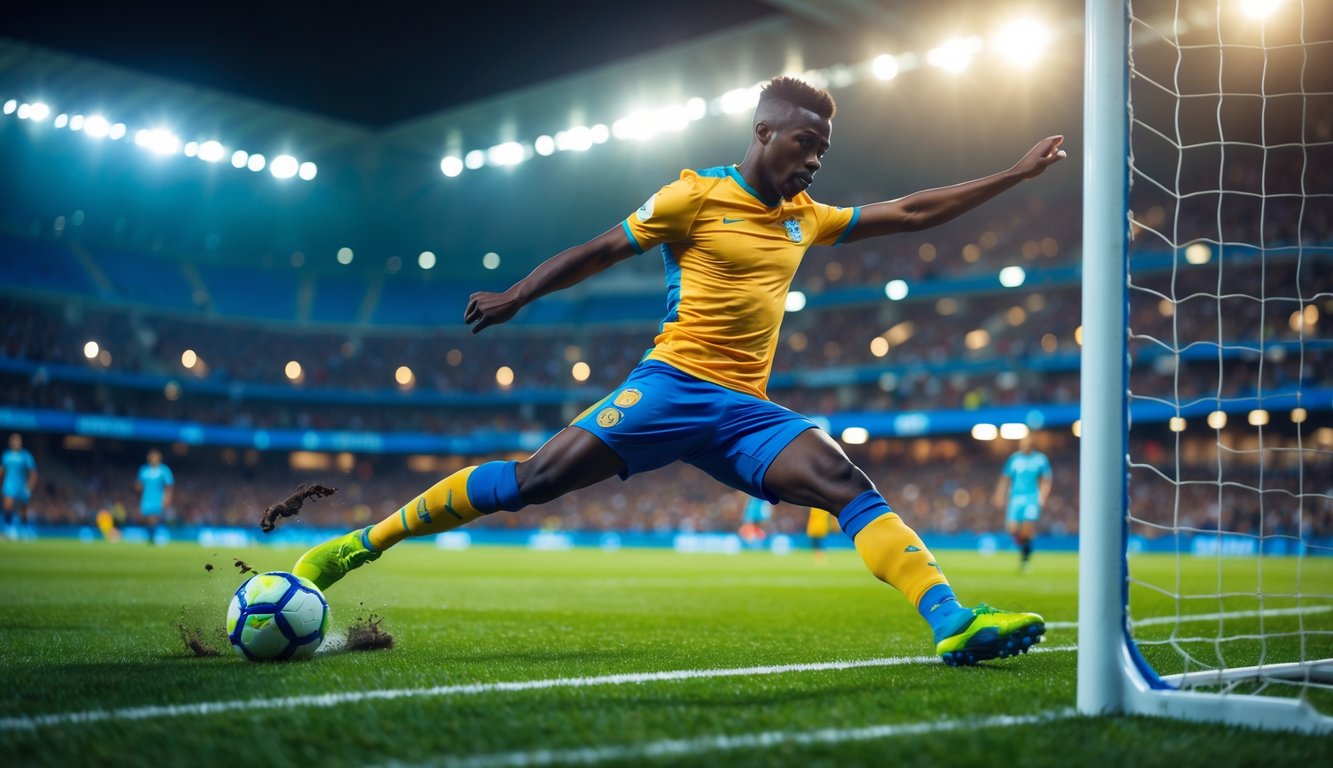 Seorang pemain sepak bola sedang menendang bola menuju gawang di stadion dengan penonton yang bersorak di latar belakang.