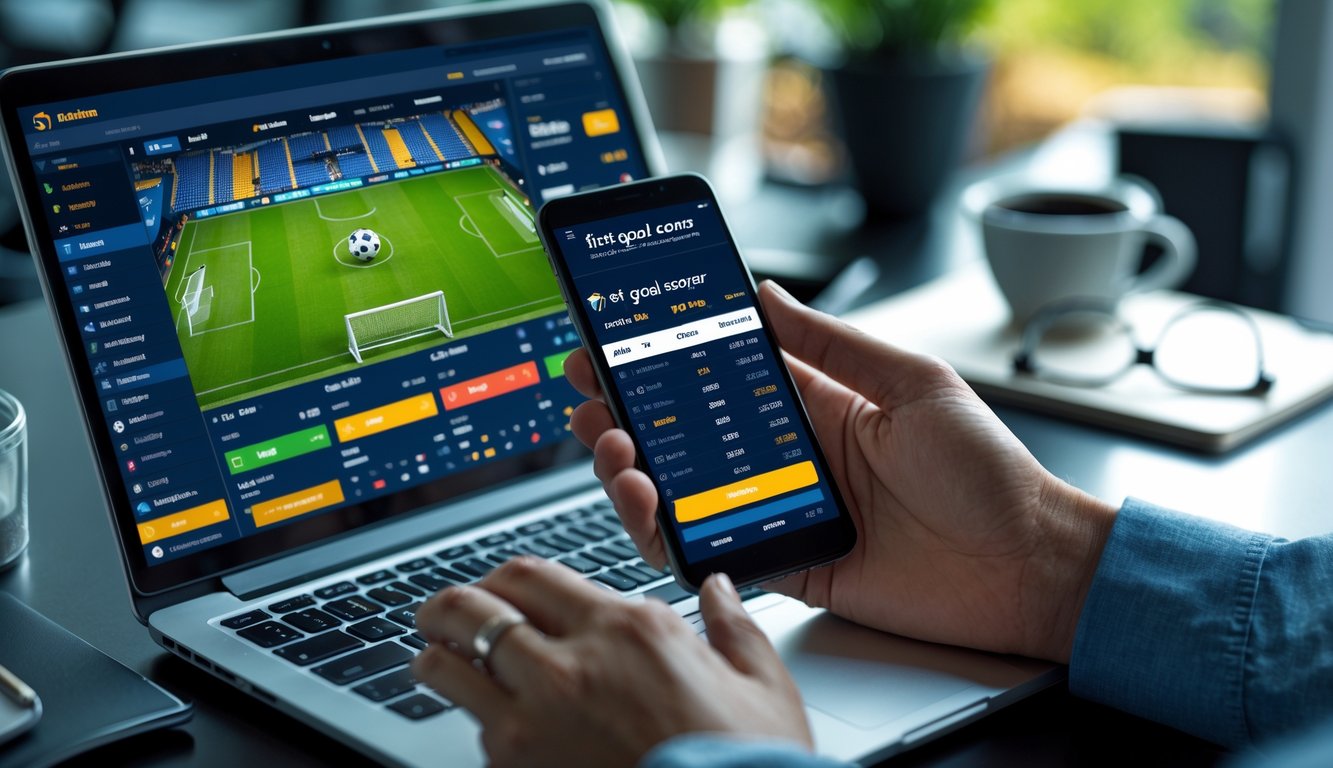 Seseorang menggunakan laptop dan ponsel untuk bertaruh pada pencetak gol pertama dalam pertandingan sepak bola secara online.