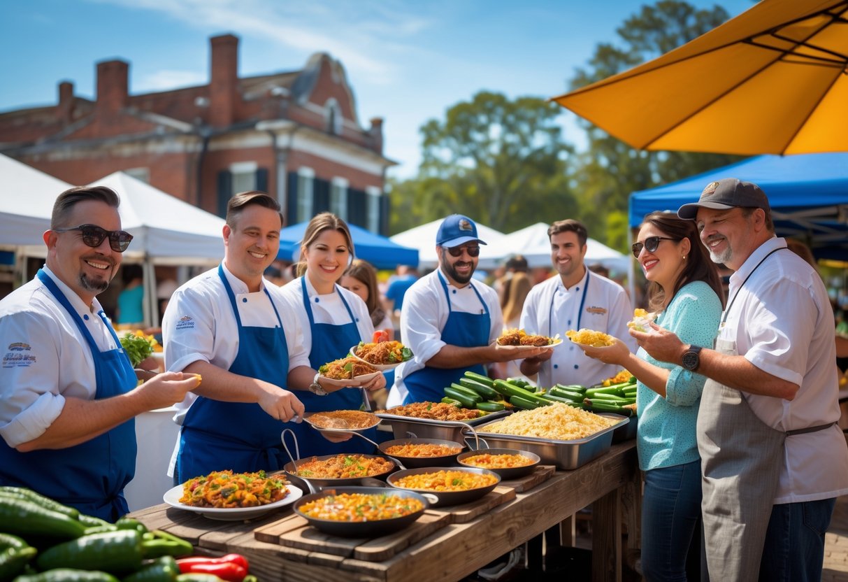 Outdoor food market in Monroe, Louisiana with vendors serving traditional Southern dishes and customers enjoying the food.