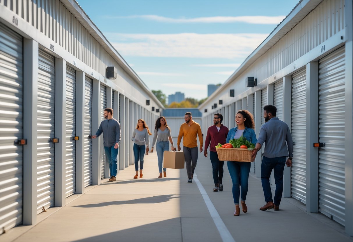 A modern storage facility with rows of storage units and people carrying boxes and fresh produce, with a cityscape in the background.