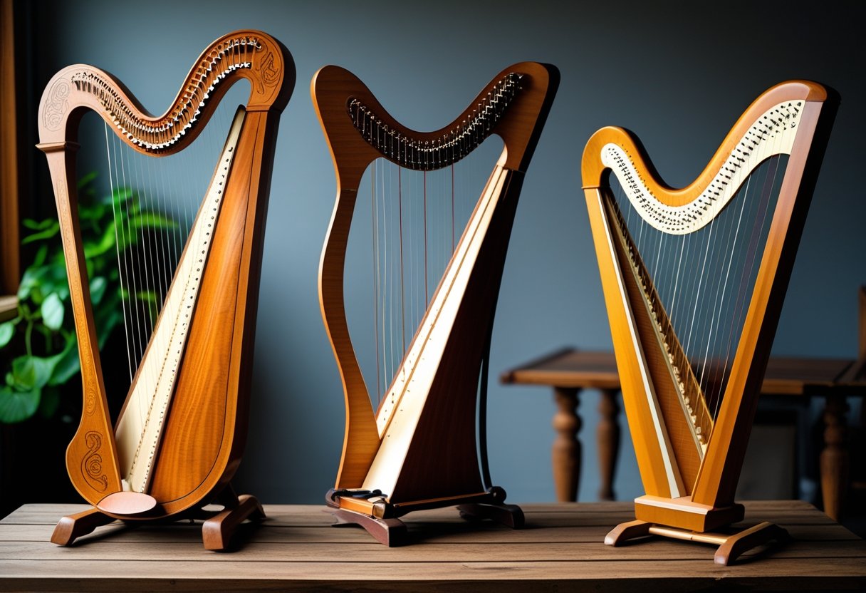 Three traditional harps—Celtic harp, lever harp, and lyre harp—arranged side by side on a wooden table.