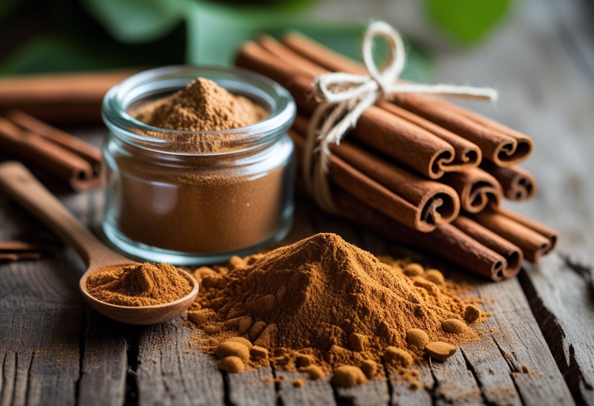 Close-up of cinnamon sticks, ground cinnamon in a jar, and a wooden spoon on a wooden surface with green leaves in the background.