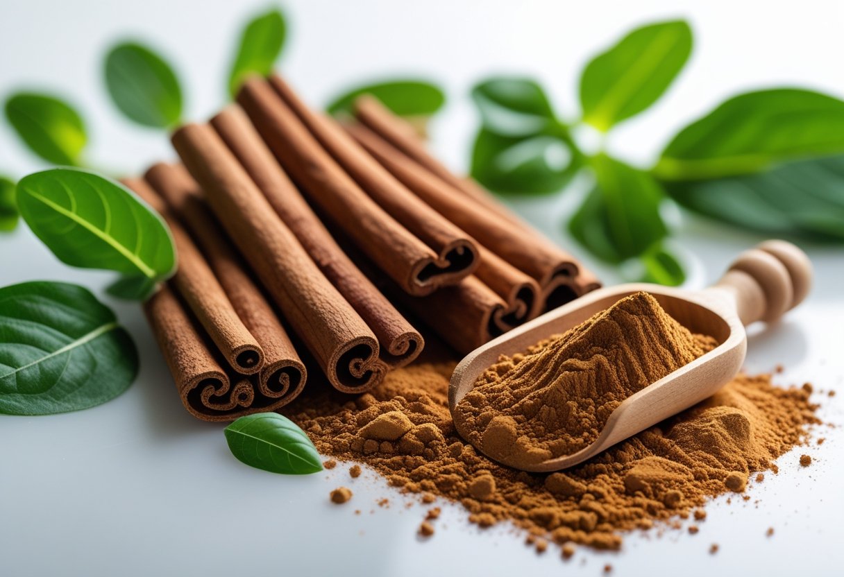 Close-up of cinnamon sticks, ground cinnamon powder, and green leaves arranged on a white surface.